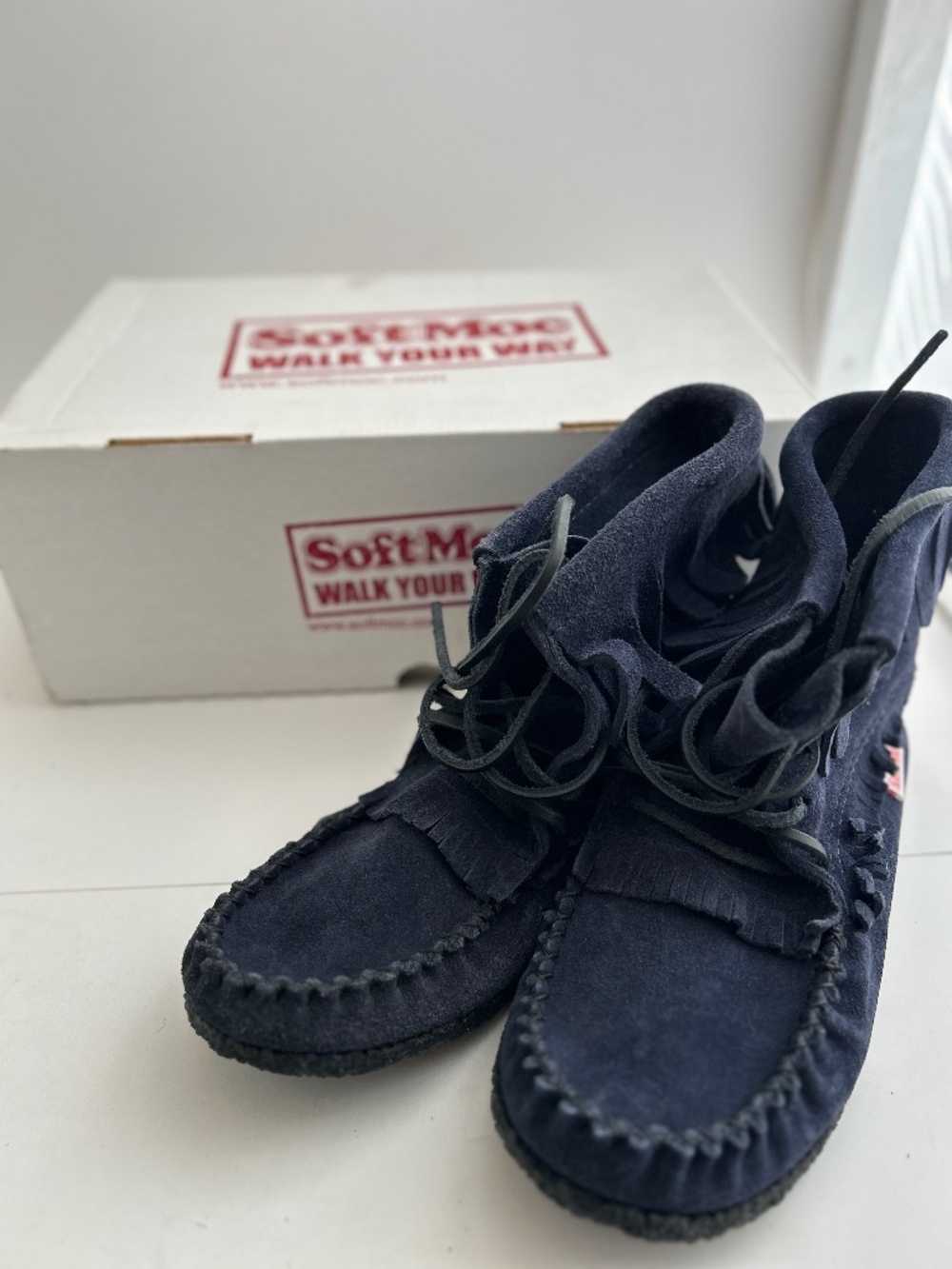 SoftMoc Navy Blue Suede Fringe Moccasin Boots Size 7 - NIB